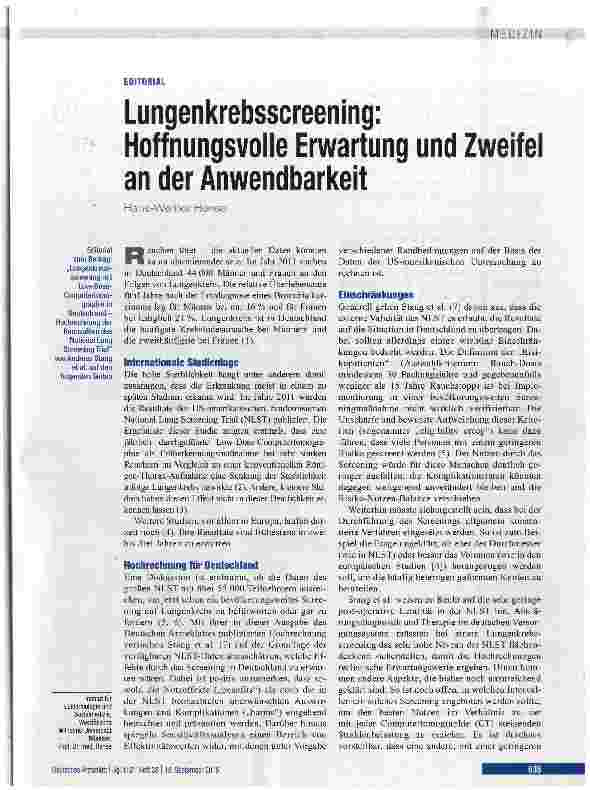 Vorschauseite 1: Lungenkrebsscreening: Hoffnungsvolle Erwartung und Zweifel an der Anwendbarkeit