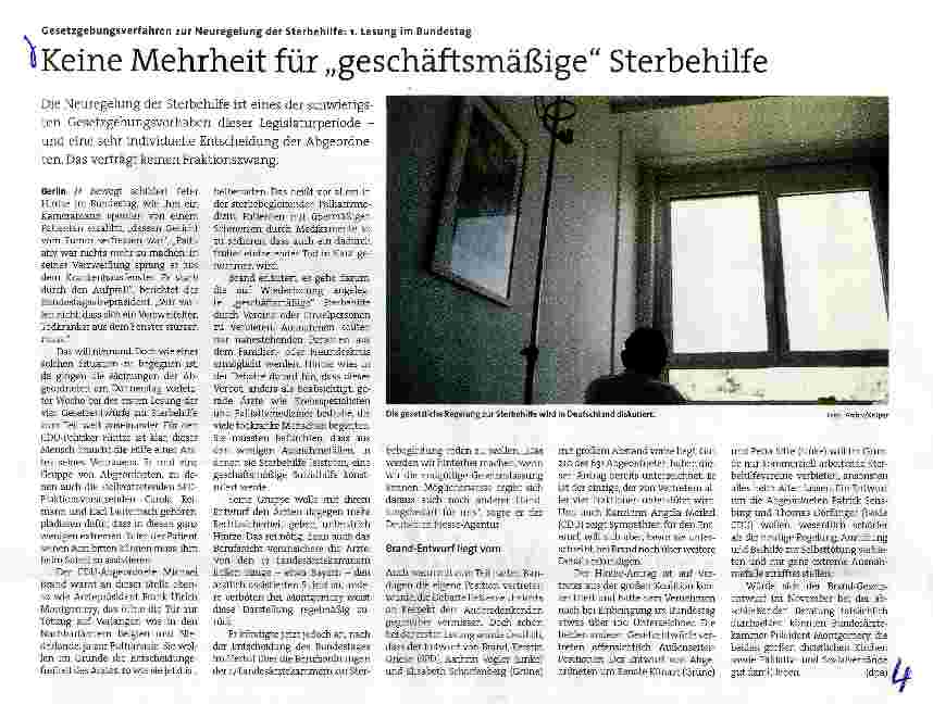 Vorschauseite 1: Keine Mehrheit für „geschäftsmäßige Sterbehilfe