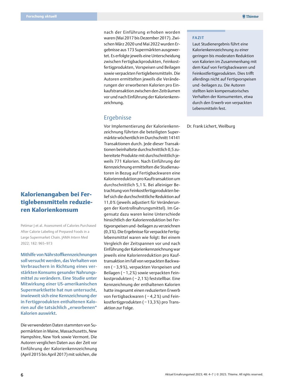 Vorschauseite 1: Kalorienangaben bei Fertiglebensmitteln reduzieren Kalorienkonsum