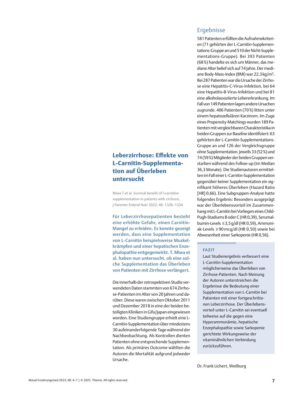 Vorschauseite 1: Leberzirrhose: Effekte von L-Carnitin-Supplementation auf Überleben untersucht