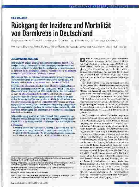 Vorschauseite 1: Rückgang der Inzidenz und Mortalität von Darmkrebs in Deutschland