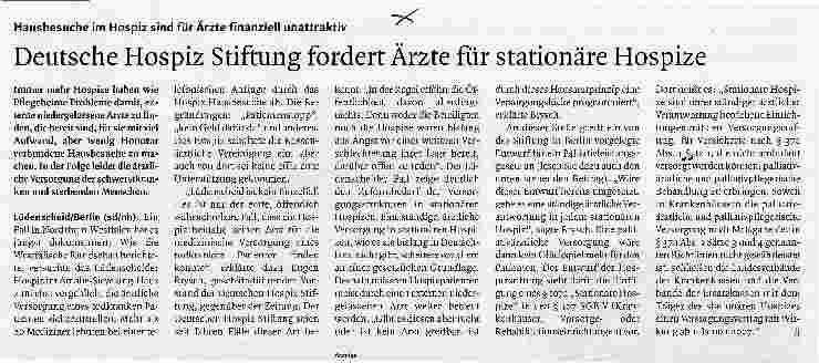 Vorschauseite 1: Deutsche Hospiz Stiftung fordert Ärzte für stationäre Hospize