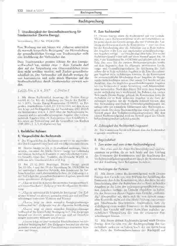 Vorschauseite 1: Unzulässigkeit der Gesundheitswerbung für Traubenzucker (Dextro Energy)