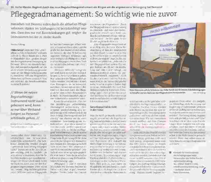 Vorschauseite 1: 20. Holler Runde: Beginnt durch das neue Begutachtungsinstrument ein Ringen um die angemessene Versorgung bei Demenz? Pflegegradmanagement: So wichtig wie nie zuvor