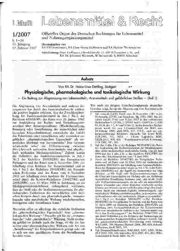 Vorschauseite 1: Physiologische, pharmakologische und toxikologische Wirkung - Ein Beitrag zur Abgrenzung von Lebensmitteln, Arzneimitteln und gefährlichen Stoffen - (Teil 1