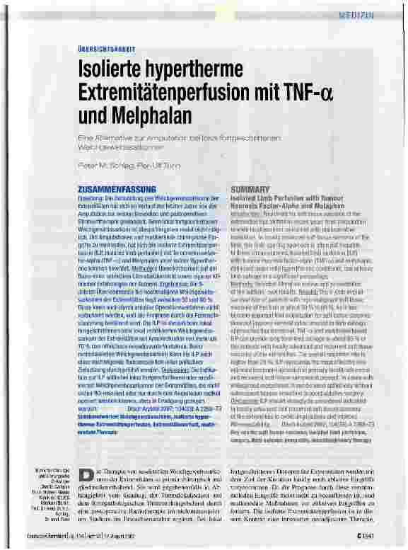 Vorschauseite 1: Isolierte hypertherme Extremitätenperfusion mit TNF-a und Melphalan