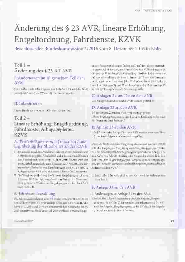 Vorschauseite 1: Änderung des § 23 AVR, lineare Erhöhung, Entgeltordnung, Fahrdienste, KZVKBeschlüsse der Bundeskommission 4/2016 vom 8. Dezember 2016 in Köln