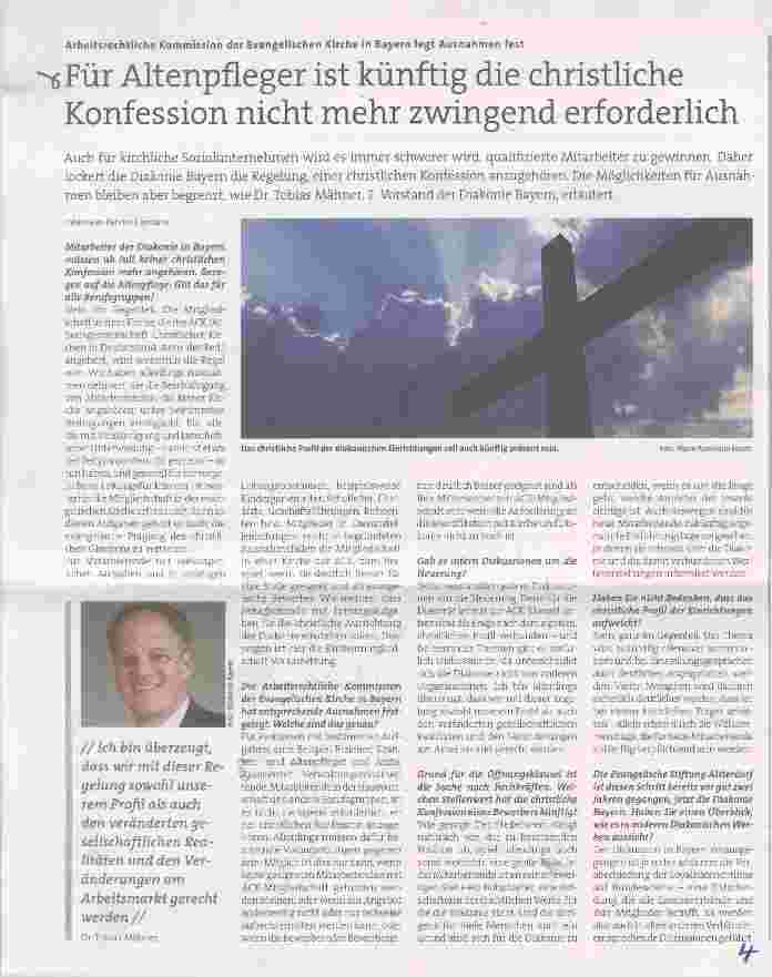 Vorschauseite 1: Für Altenpfleger ist künftig die christliche Konfession nicht mehr zwingend erforderlich
