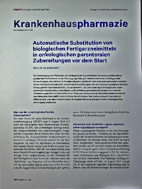 Vorschauseite 1: Automatische Substitution von biologischen Fertigarzneimitteln in onkologischen parenteralen Zubereitungen vor dem Start.
