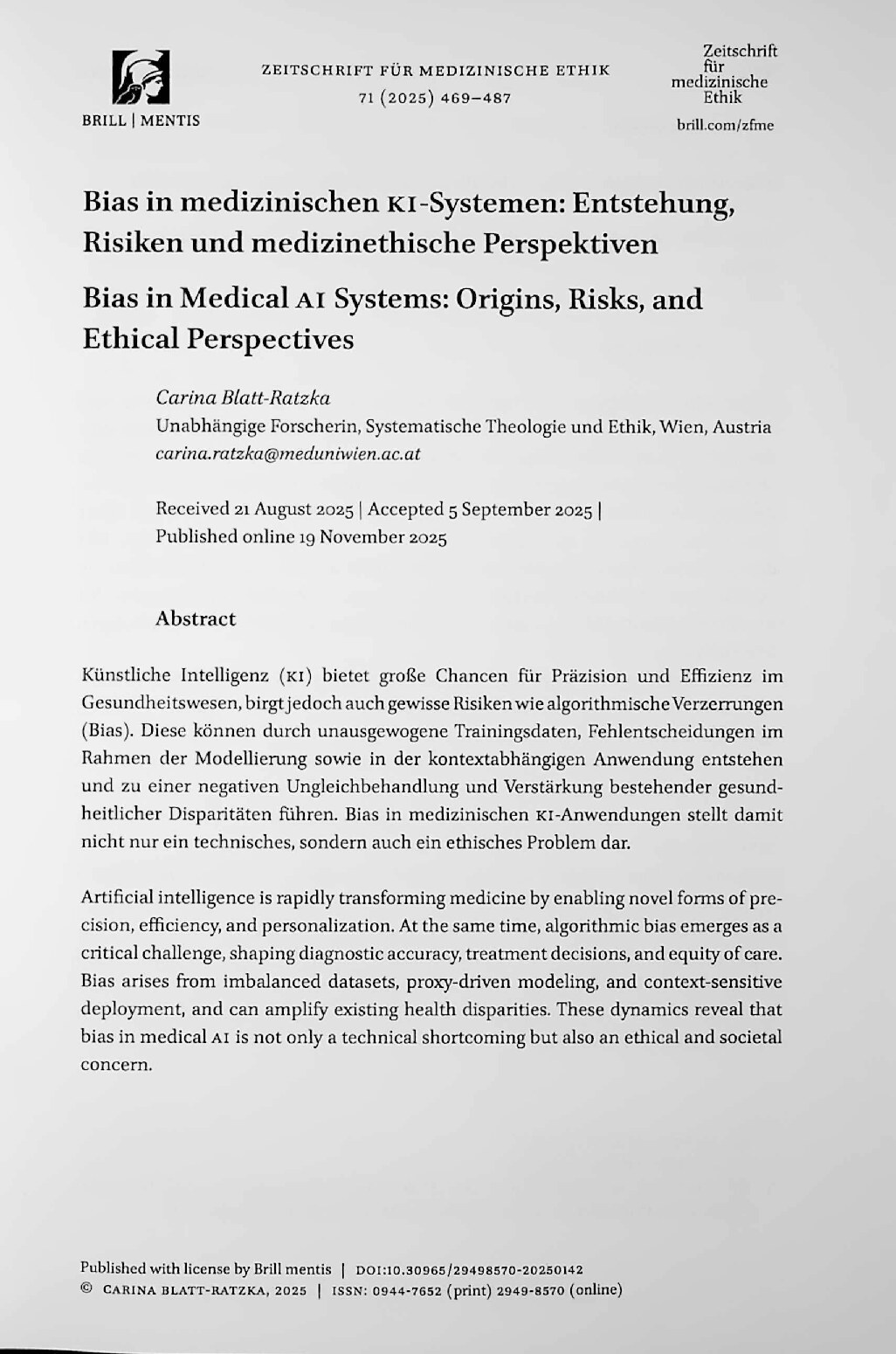 Vorschauseite 1: Bias in medizinischen KI-Systemen: Entstehung, Risiken und medizinethische Perspektiven