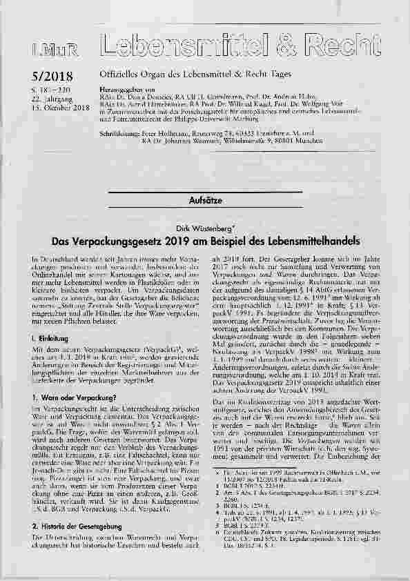 Vorschauseite 1: Das Verpackungsgesetz 2019 am Beispiel des Lebensmittelhandels