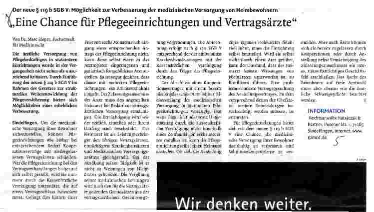 Vorschauseite 1: Der neue § 11g b SGB V: Möglichkeit zur Verbesserung der medizinischen Versorgung von Heimbewohnern Eine Chance für Pflegeeinrichtungen und Vertragsärzte