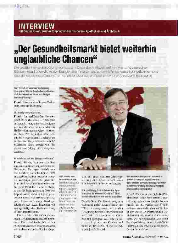 Vorschauseite 1: INTERVIEWmit Günter Preuß, Vorstandssprecher der Deutschen Apothekerund Ärztebank„Der Gesundheitsmarkt bietet weiterhin unglaubliche Chancen