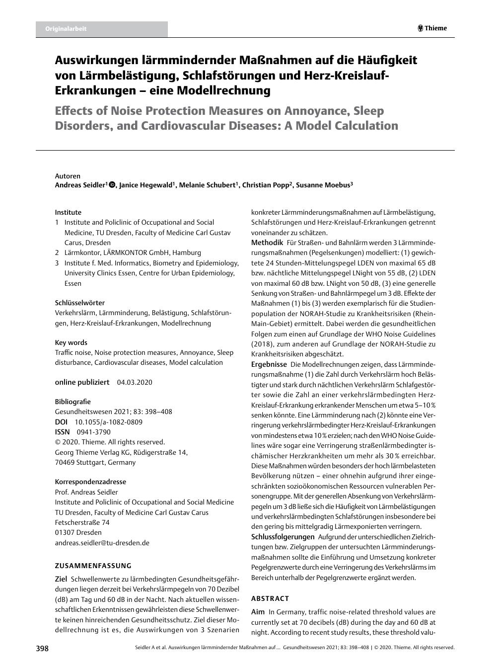 Vorschauseite 1: Auswirkungen lärmindernder Maßnahmen auf die Häufigkeit von Lärmbelästigung, Schlafstörungen und Herz-Kreislauf-Erkrankungen – eine Modellrechnung