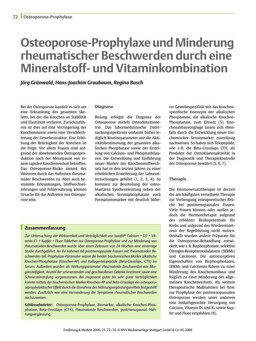 Vorschauseite 1: Osteoporose-Prophylaxe und Minderung rheumatischer Beschwerden durch eine Mineralstoffund Vitaminkombination