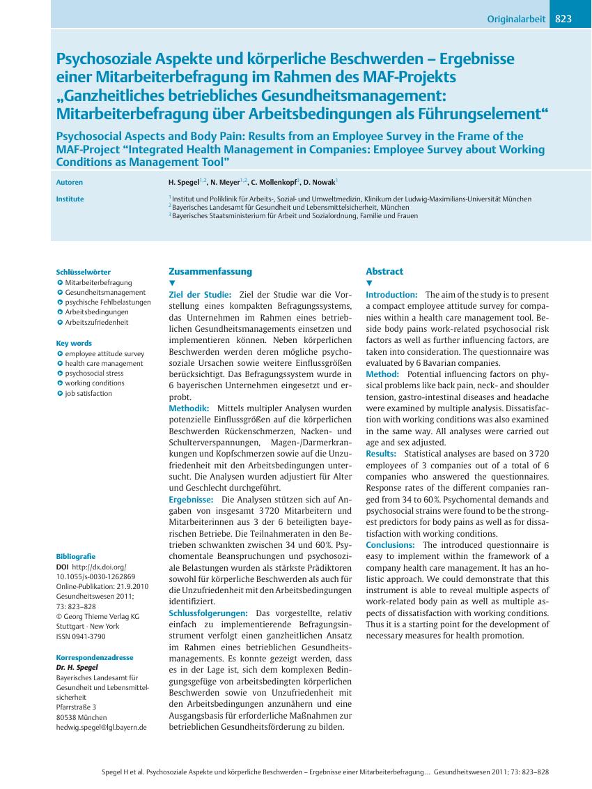 Vorschauseite 1: Psychosoziale Aspekte und körperliche Beschwerden – Ergebnisse einer Mitarbeiterbefragung im Rahmen des MAF-Projekts „Ganzheitliches betriebliches Gesundheitsmanagement: Mitarbeit…