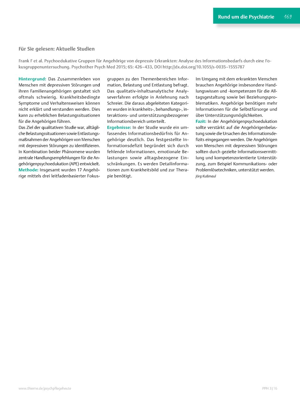 Vorschauseite 1: Für Sie gelesen: Frank F et al. Psychoedukative Gruppen für Angehörige von depressiv Erkrankten: Analyse des Informationsbedarfs durch eine Fokusgruppenuntersuchung.