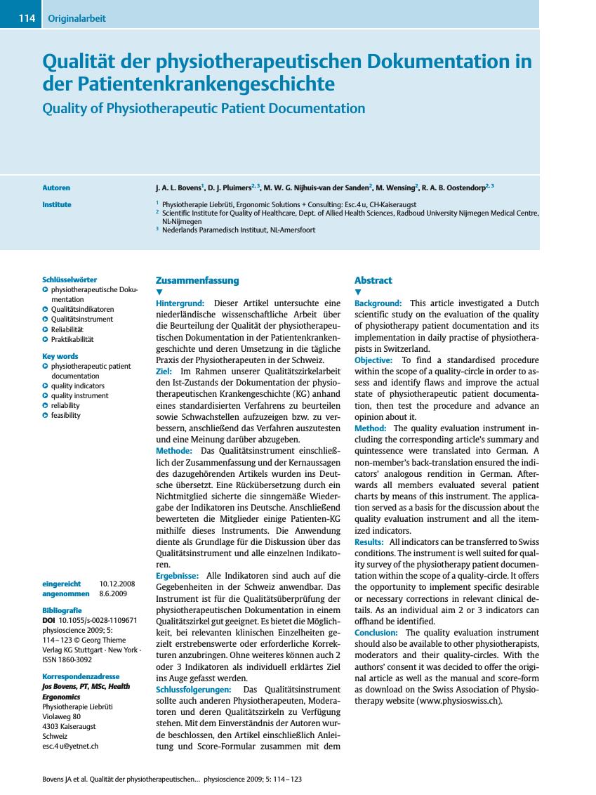 Vorschauseite 1: Qualität der physiotherapeutischen Dokumentation in der Patientenkrankengeschichte
