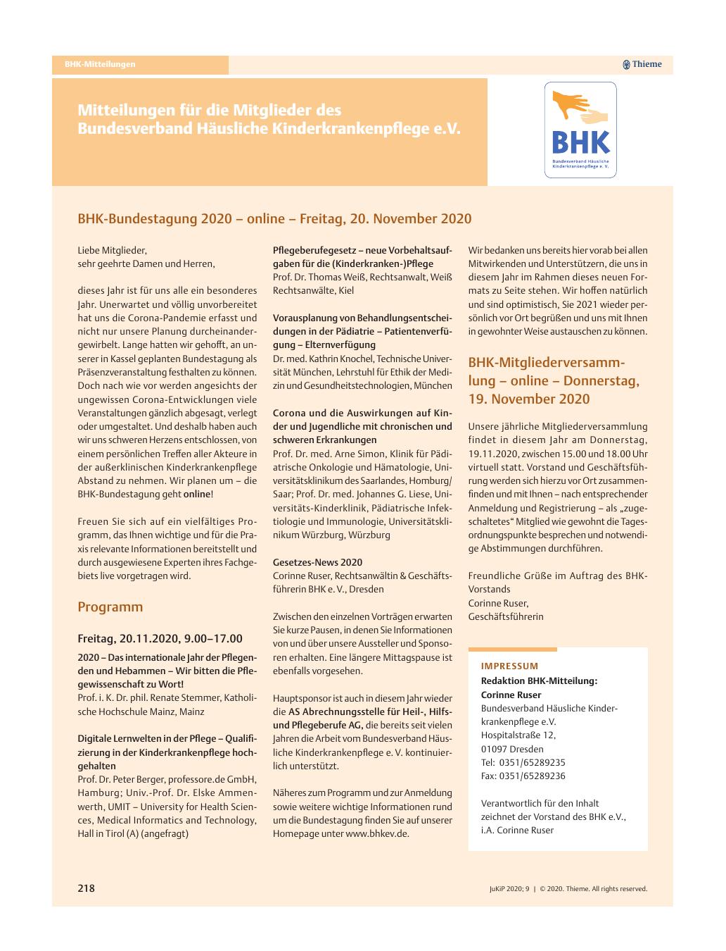 Vorschauseite 1: BHK-Bundestagung 2020 – online – Freitag, 20. November 2020
