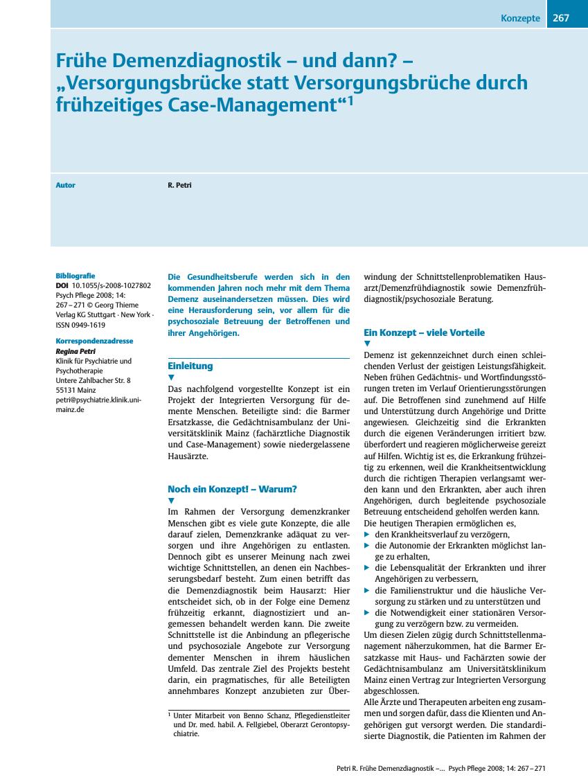 Vorschauseite 1: Frühe Demenzdiagnostik – und dann? –„Versorgungsbrücke statt Versorgungsbrüche durch frühzeitiges Case-Management”