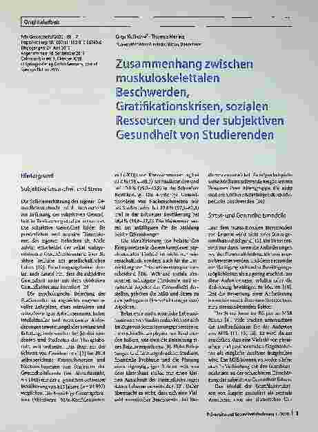 Vorschauseite 1: Zusammenhang zwischen muskuloskelettalen Beschwerden, Gratifikationskrisen, sozialen Ressourcen und der subjektiven Gesundheit von Studierenden.