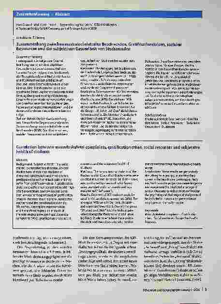 Vorschauseite 3: Zusammenhang zwischen muskuloskelettalen Beschwerden, Gratifikationskrisen, sozialen Ressourcen und der subjektiven Gesundheit von Studierenden.