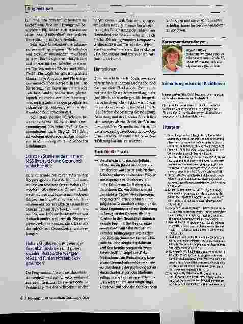 Vorschauseite 6: Zusammenhang zwischen muskuloskelettalen Beschwerden, Gratifikationskrisen, sozialen Ressourcen und der subjektiven Gesundheit von Studierenden.
