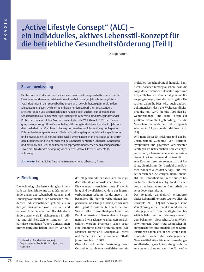 Vorschauseite 1: „Active Lifestyle Consept“ (ALC) – ein individuelles, aktives Lebensstil-Konzept für die betriebliche Gesundheitsförderung (Teil I)