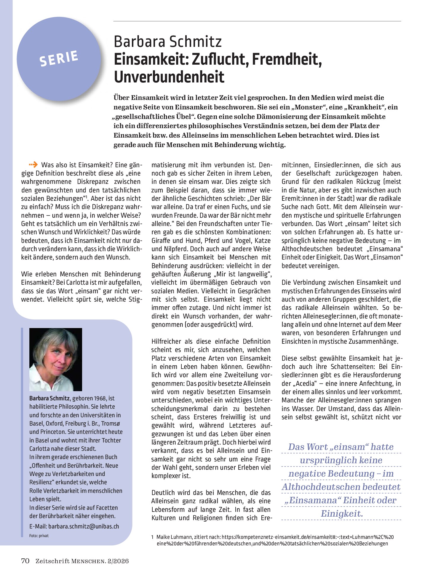 Vorschauseite 1: Einsamkeit: Zuflucht, Fremdheit, Unverbundenheit