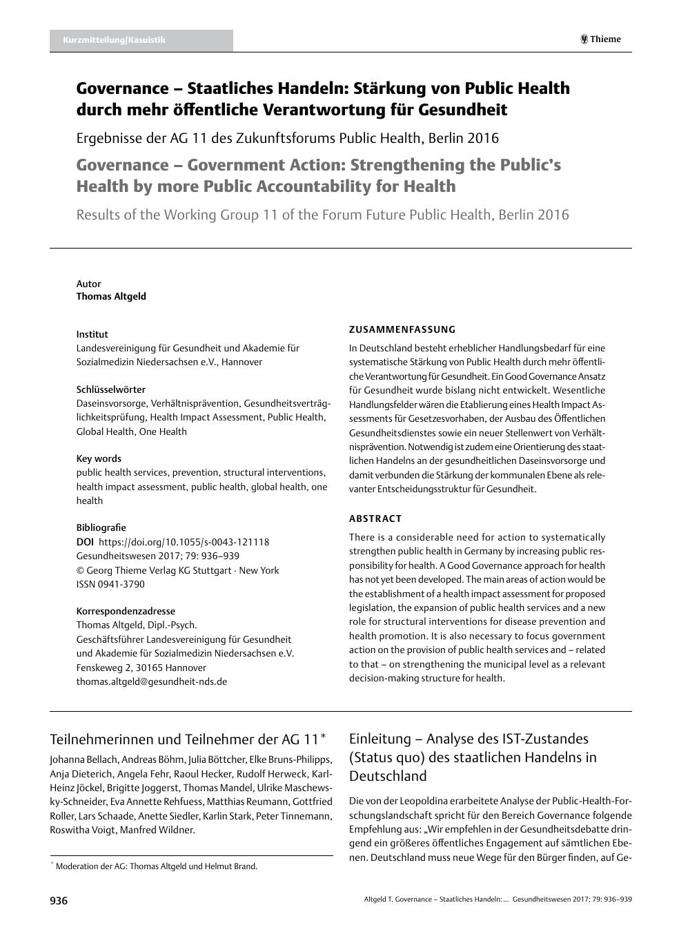 Vorschauseite 1: Governance? Staatliches Handeln: Stärkung von Public Health durch mehr öffentliche Verantwortung für Gesundheit