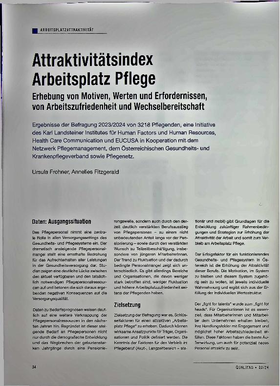 Vorschauseite 1: Attraktivitätsindex Arbeitsplatz Pflege: Erhebung von Motiven, Werten und Erfordernissen, von Arbeitszufriedenheit und Wechselbereitschaft.