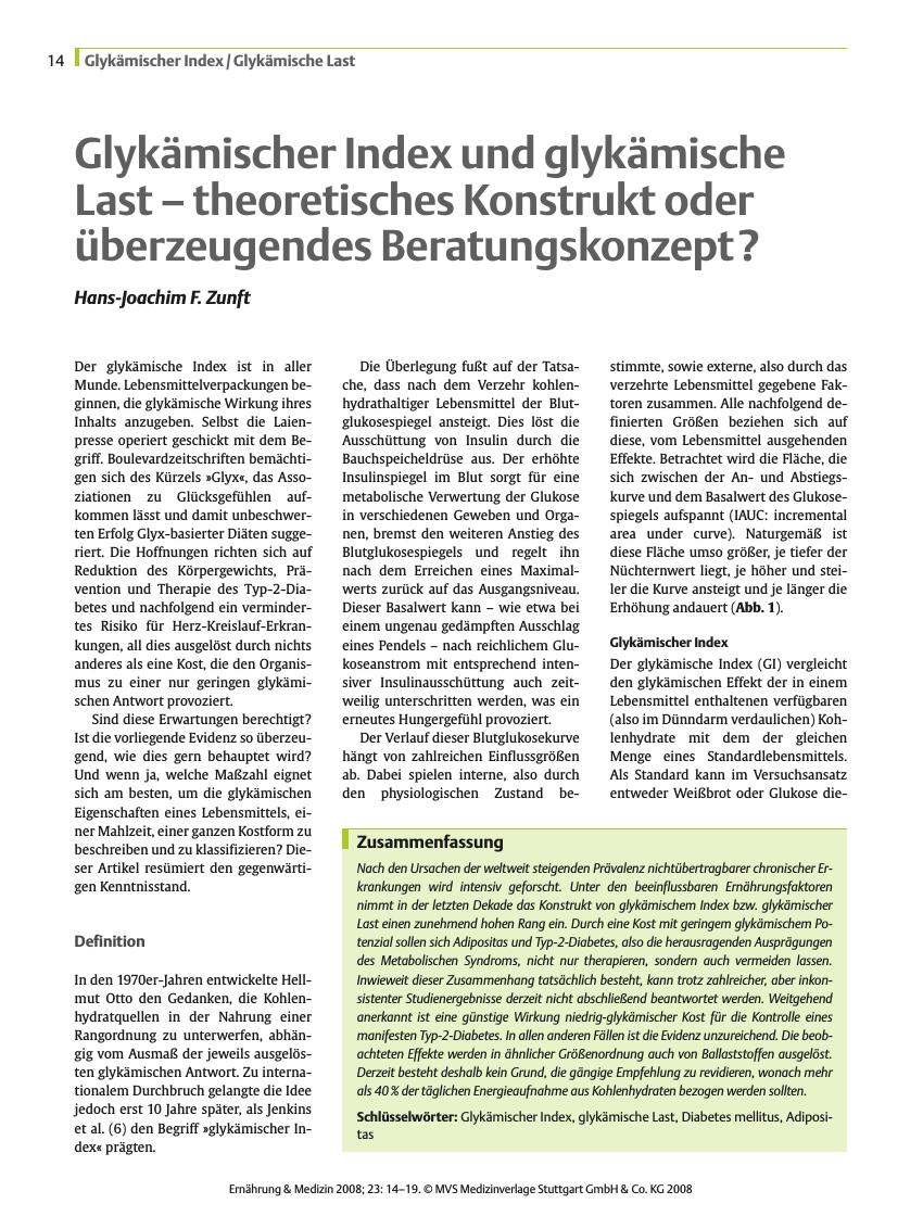 Vorschauseite 1: Glykämischer Index und glykämische Last - theoretisches Konstrukt oder überzeugendes Beratungskonzept?