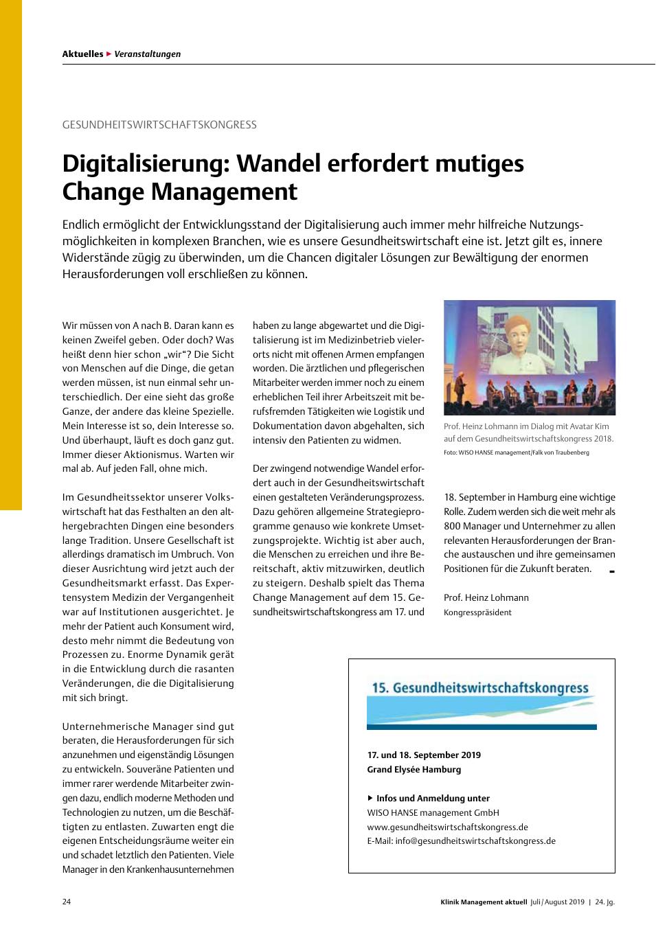 Vorschauseite 1: Gesundheitswirtschaftskongress: Digitalisierung: Wandel erfordert mutiges Change Management