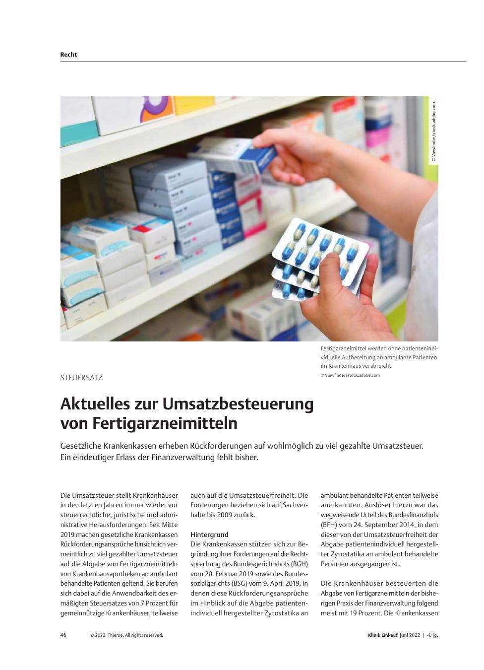 Vorschauseite 1: Steuersatz: Aktuelles zur Umsatzbesteuerung von Fertigarzneimitteln