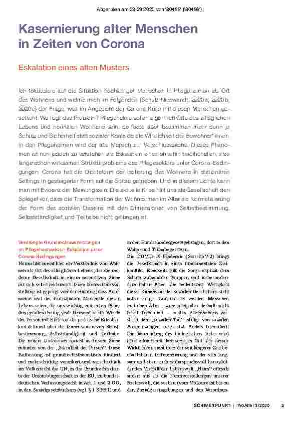 Vorschauseite 2: Kasernierung alter Menschen in Zeiten von Corona