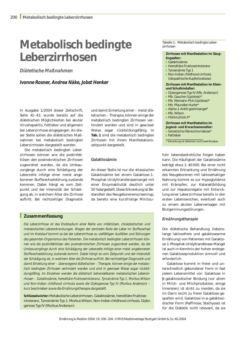 Vorschauseite 1: Metabolisch bedingte Leberzirrhosen - Diätetische Maßnahmen