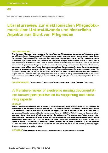 Vorschauseite 1: Literaturreview zur elektronischen Pflegedokumentation: Unterstützende und hinderliche Aspekte aus Sicht von Pflegenden