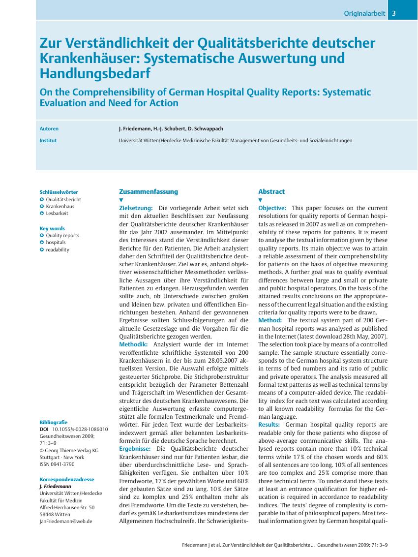 Vorschauseite 1: Zur Verständlichkeit der Qualitätsberichte deutscher Krankenhäuser: Systematische Auswertung und Handlungsbedarf