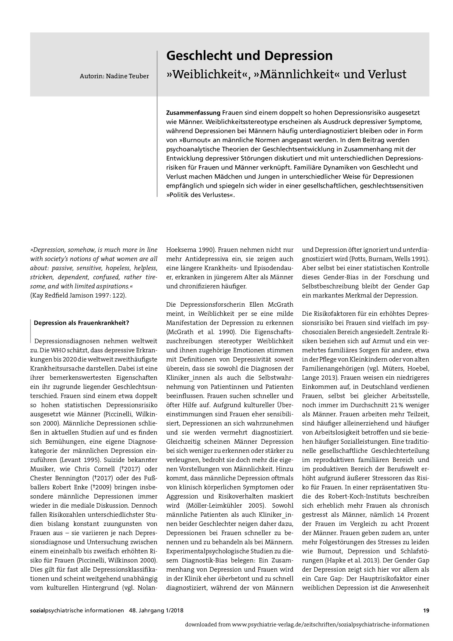 Vorschauseite 1: Geschlecht und Depression, »Weiblichkeit«, »Männlichkeit« und Verlust