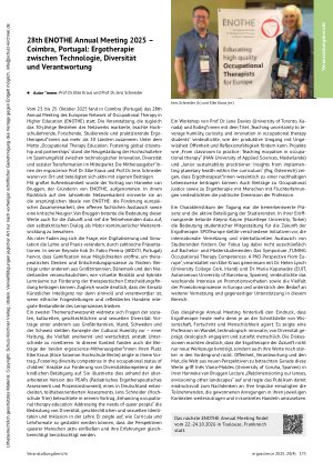 Vorschauseite 1: 28th ENOTHE Annual Meeting 2025 – Coimbra, Portugal: Ergotherapie zwischen Technologie, Diversität und Verantwortung