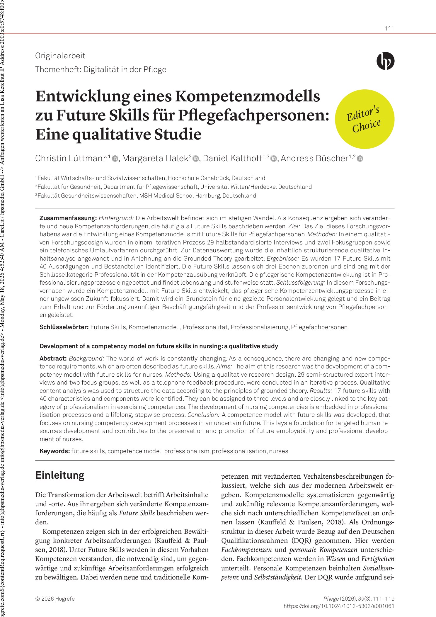 Vorschauseite 1: Entwicklung eines Kompetenzmodells zu Future Skills für Pflegefachpersonen: Eine qualitative Studie