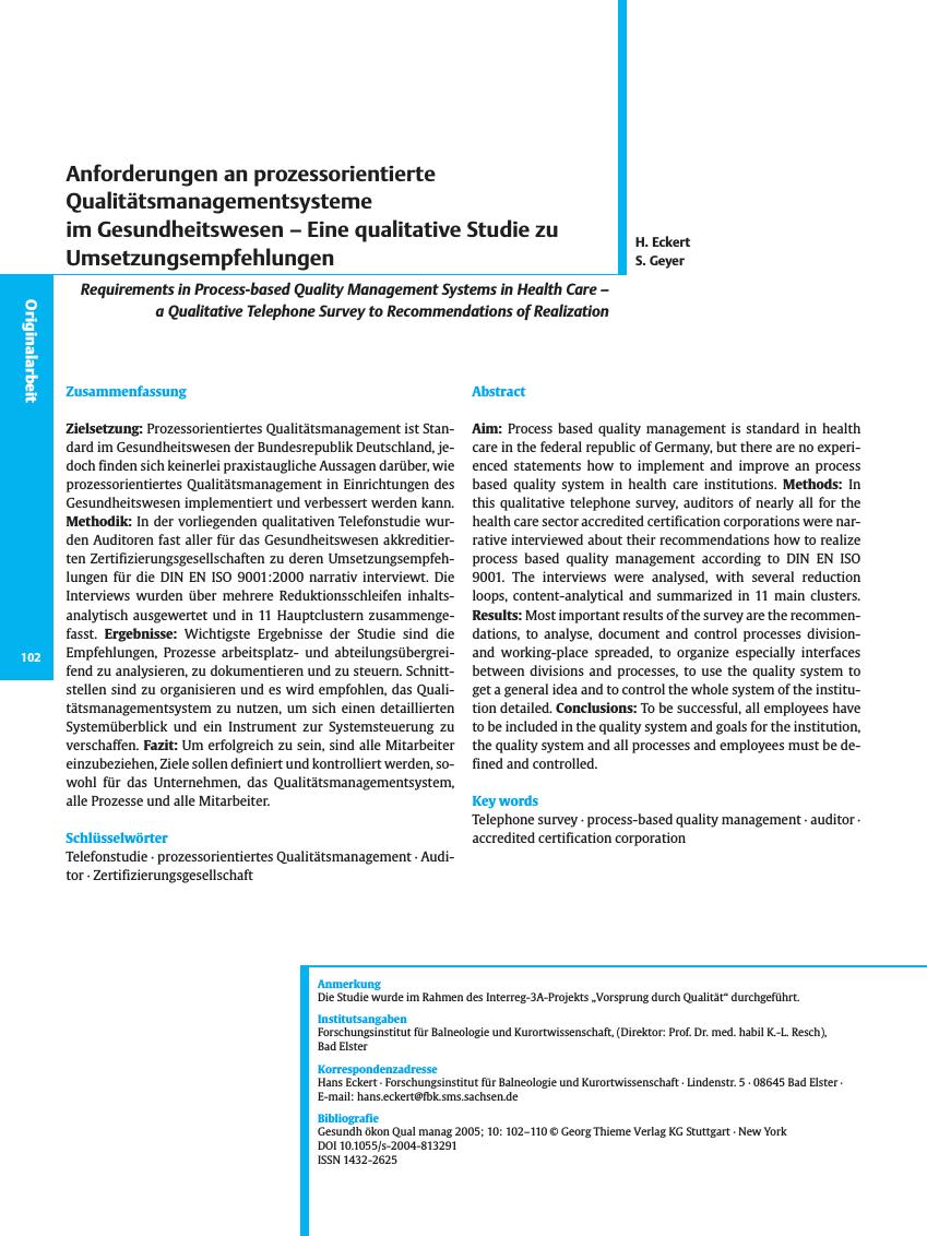 Vorschauseite 1: Anforderungen an prozessorientierte Qualitätsmanagementsysteme im Gesundheitswesen - Eine qualitative Studie zu Umsetzungsempfehlungen