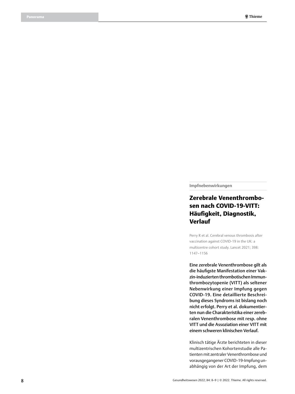 Vorschauseite 1: Zerebrale Venenthrombosen nach COVID-19-VITT: Häufigkeit, Diagnostik, Verlauf