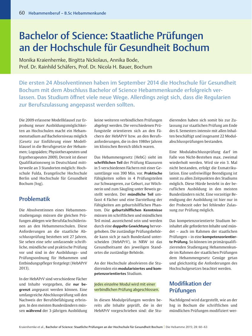 Vorschauseite 1: Bachelor of Science: Staatliche Prüfungen an der Hochschule für Gesundheit Bochum