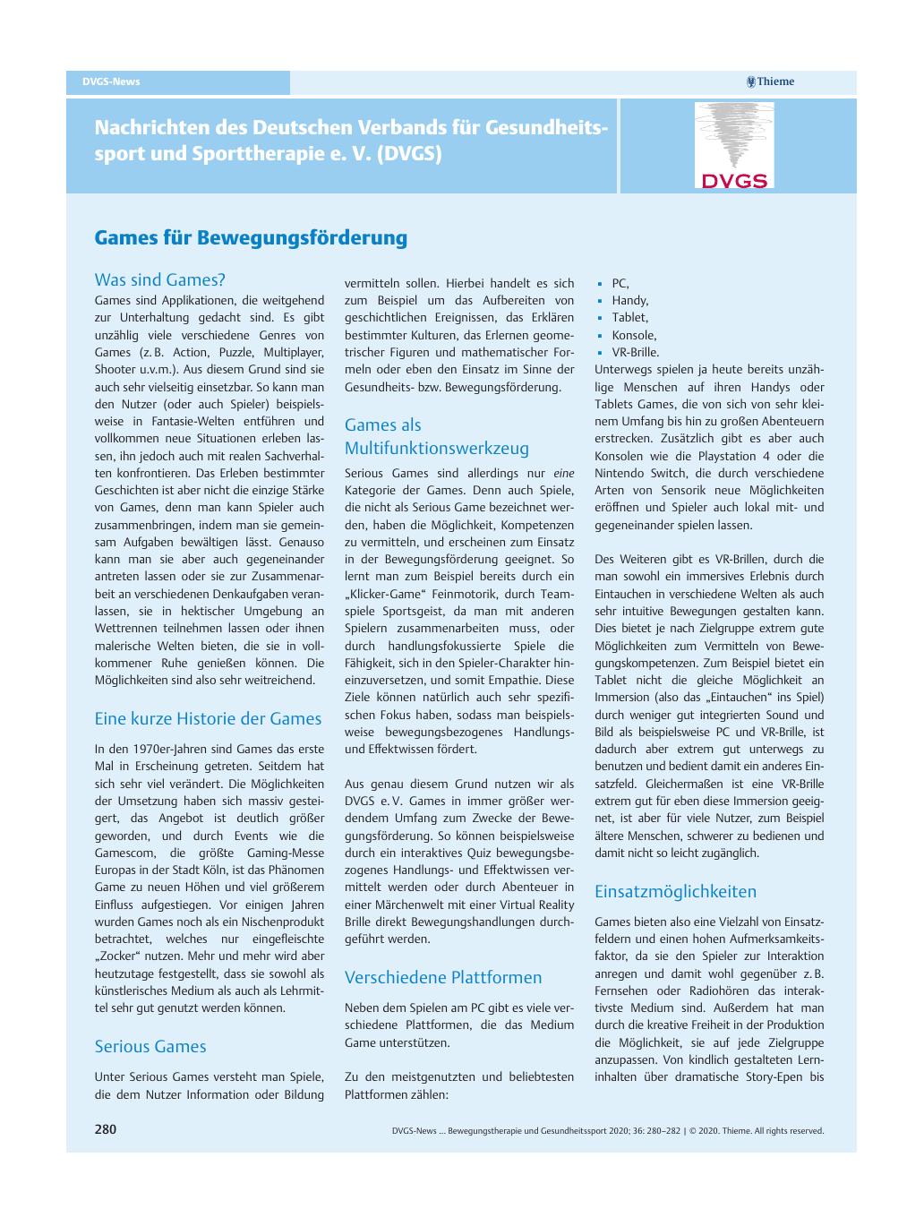 Vorschauseite 1: Nachrichten des Deutschen Verbandes für Gesundheitssport und Sporttherapie e. V. (DVGS)