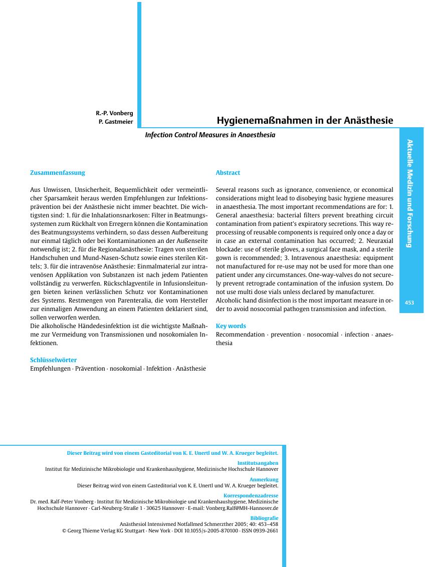 Vorschauseite 1: Hygienemaßnahmen in der Anästhesie