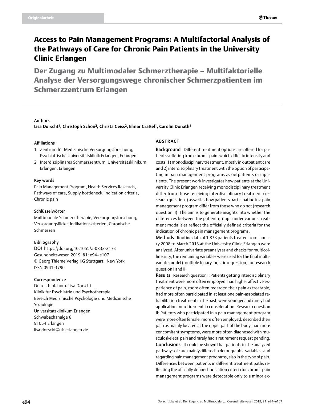 Vorschauseite 1: Access to Pain Management Programs: A Multifactorial Analysis of the Pathways of Care for Chronic Pain Patients in the University Clinic Erlangen