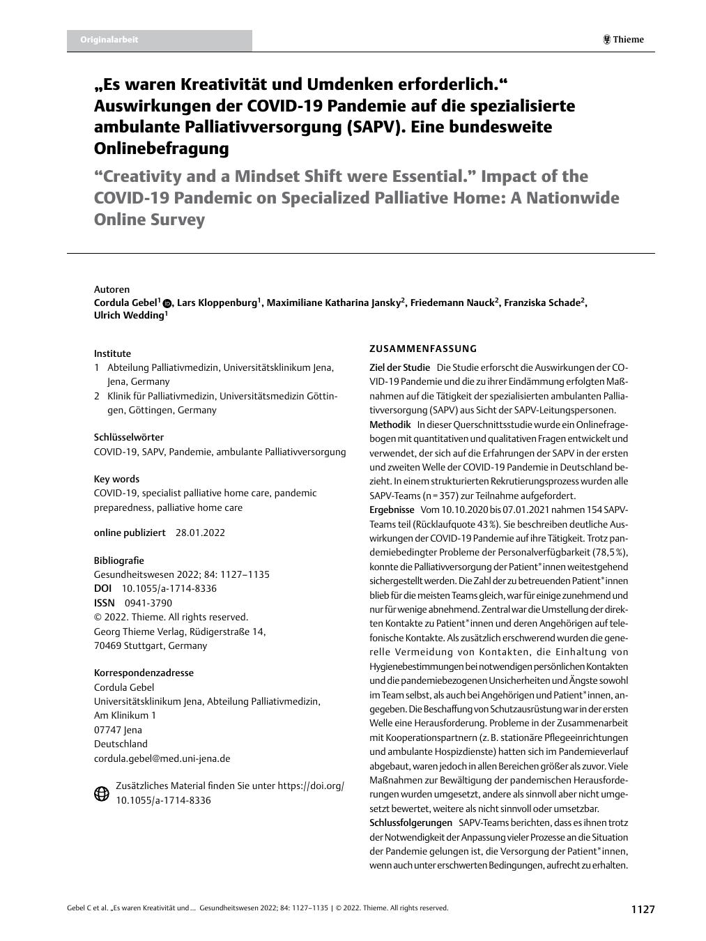 Vorschauseite 1: „Es waren Kreativität und Umdenken erforderlich.“ Auswirkungen der COVID-19-Pandemie auf die spezialisierte ambulante Palliativversorgung (SAPV). Eine bundesweite Onlinebefragung.