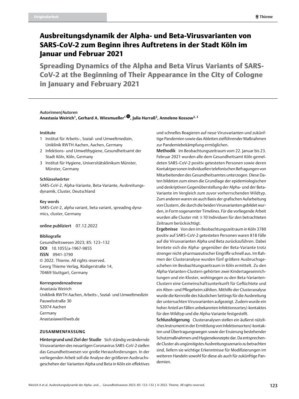 Vorschauseite 1: Ausbreitungsdynamik der Alphaund Beta-Virusvarianten von SARS-CoV-2 zum Beginn ihres Auftretens in der Stadt Köln im Januar und Februar 2021