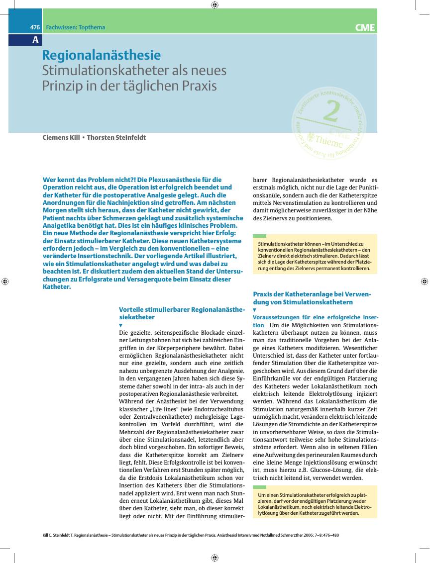 Vorschauseite 1: Regionalanästhesie - Stimulationskatheter als neues Prinzip in der täglichen Praxis